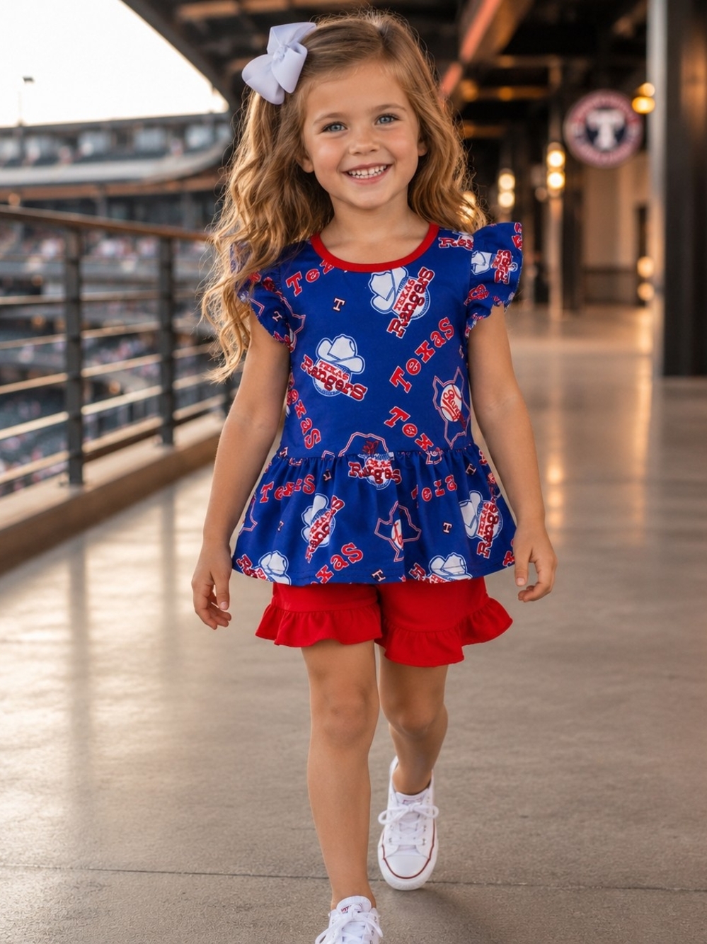 Girls Blue & Red Texas Rangers Ruffle Top and Shorts Set